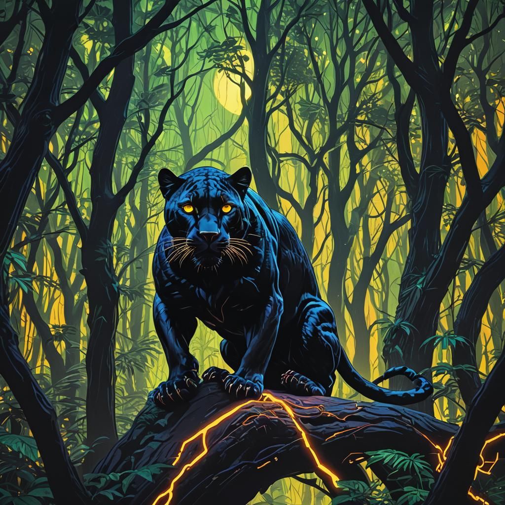 Glowing Black Panther in Magic Forest: Synthwave Art