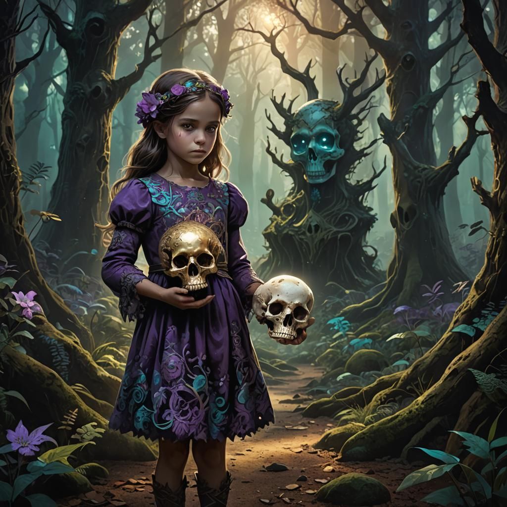 Mystical Forest Child with Skull: Fantasy Art