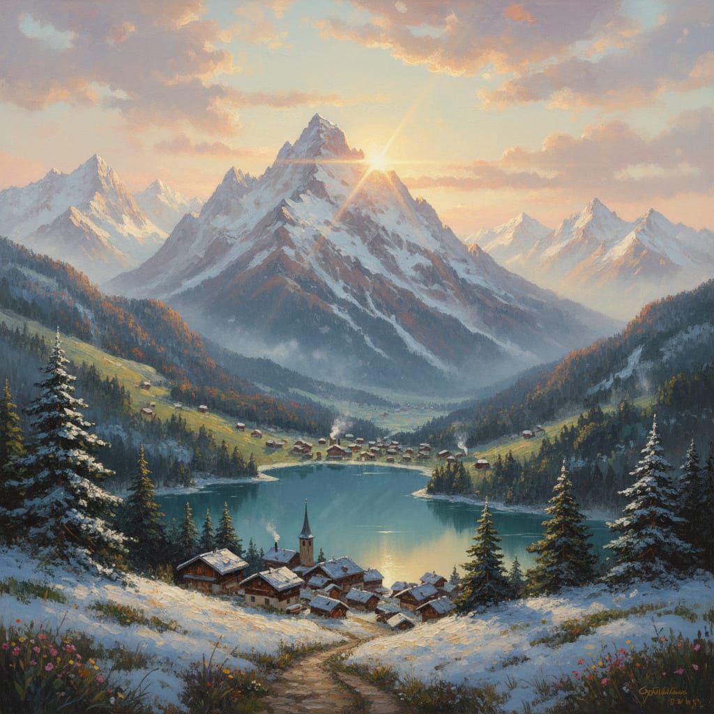 Tranquil Dawn Over Swiss Alps Landscape