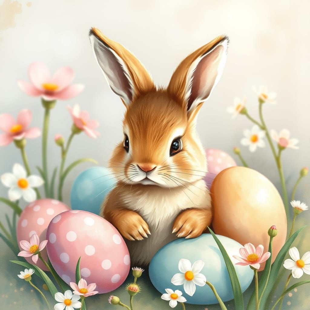 Whimsical Easter Bunny in Pastel Hues and Spring Blooms