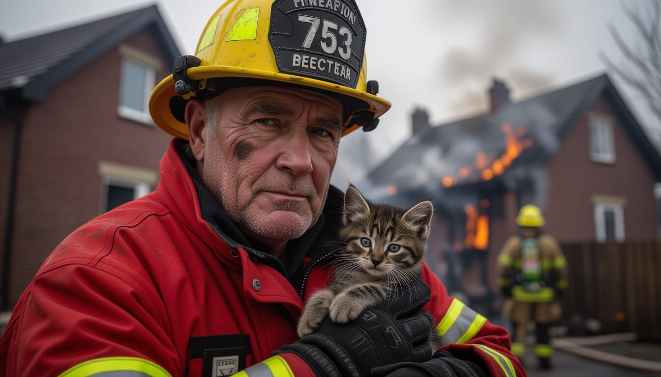 Elderly Firefighter Rescues Sooty Kitten