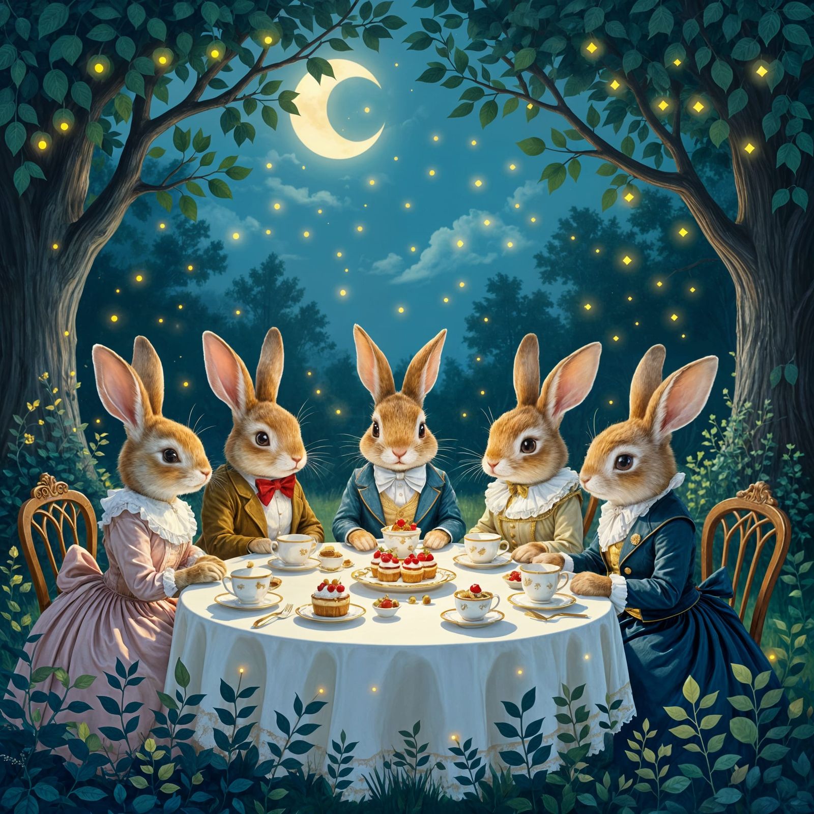 Victorian Rabbits Tea Party in Enchanted Moonlit Clearing