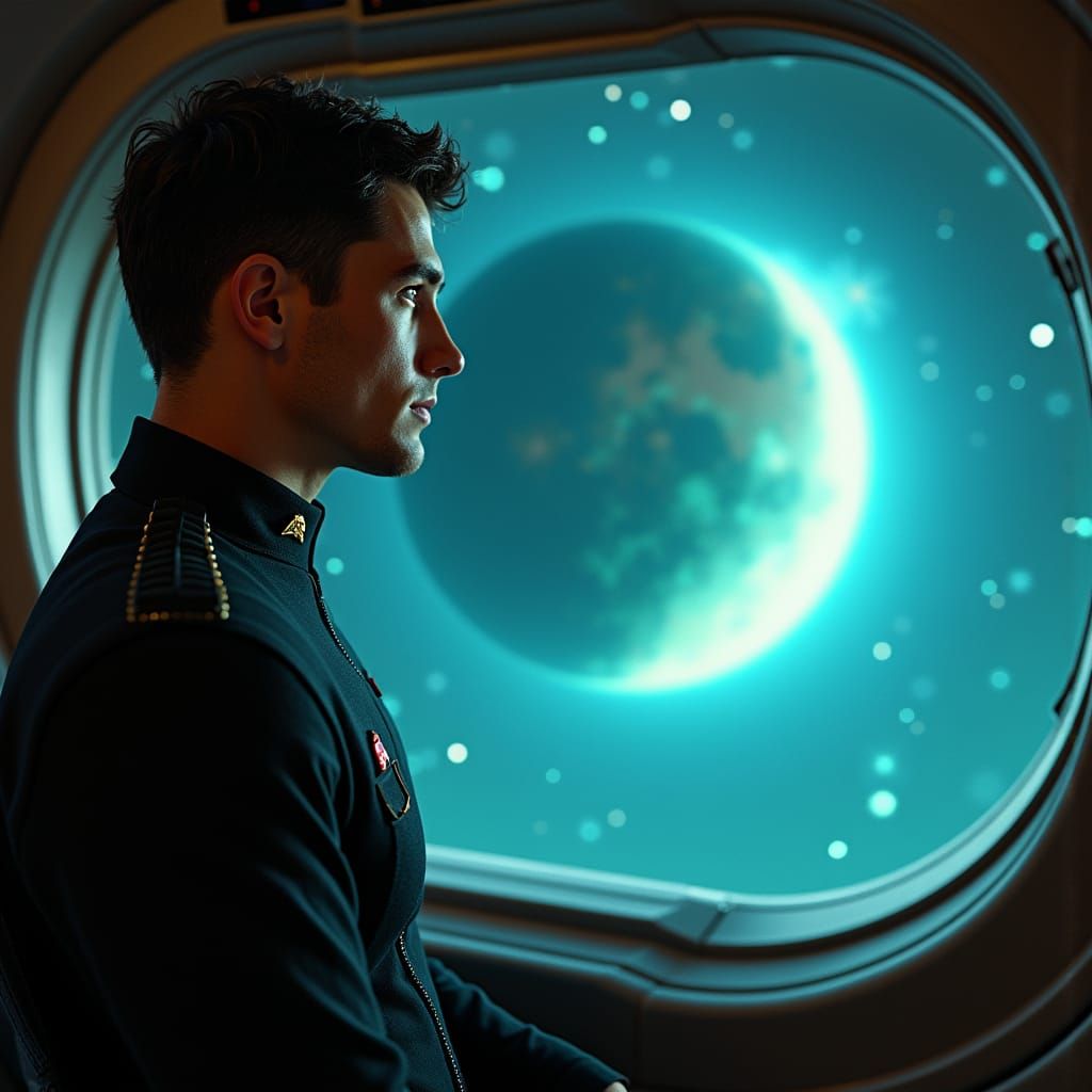 Starfleet Cadet Gazing at Distant Planet