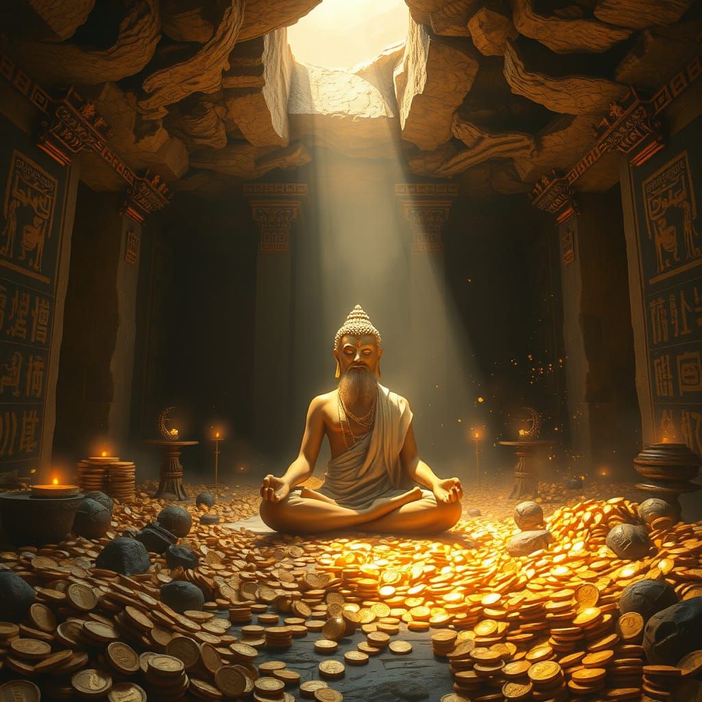Siddha Meditating in Hidden Chamber of Gold and Artifacts