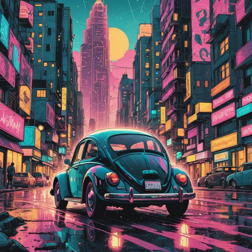 Dynamic Retro Futurism Scene: Classic VW Beetle in Neon City