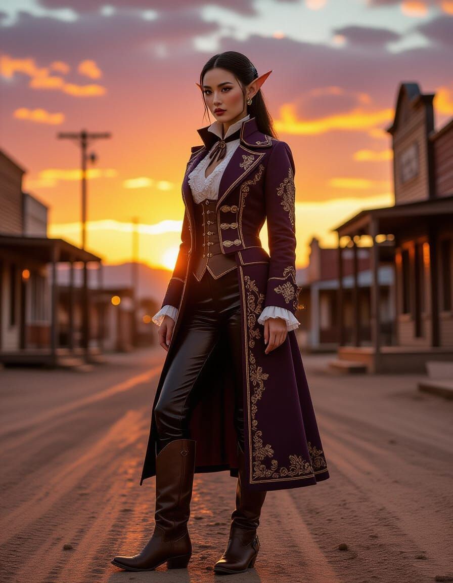 Elegant Asian Elf in Wild West Town at Sunset