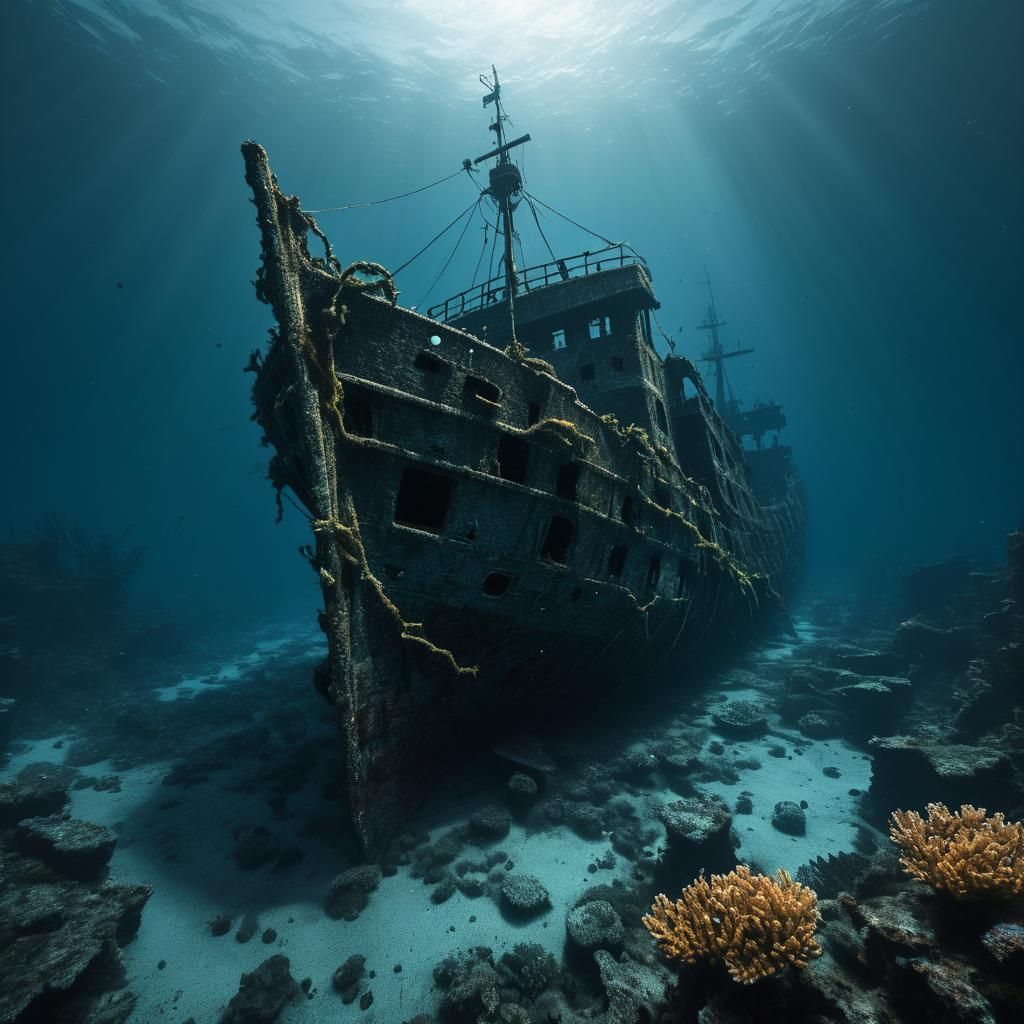 Dark Surreal Shipwreck in Deep Sea