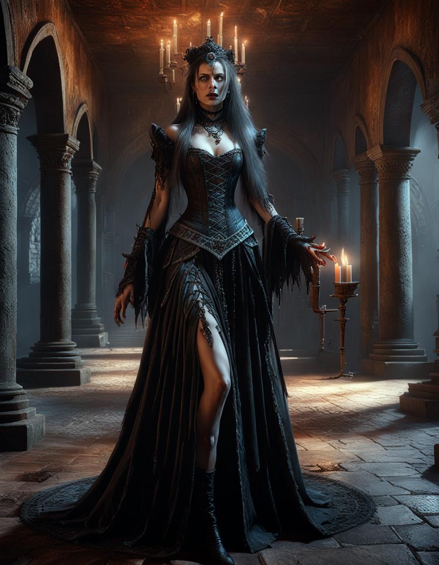 Zombie Vampire in Medieval Castle, Oil Painting