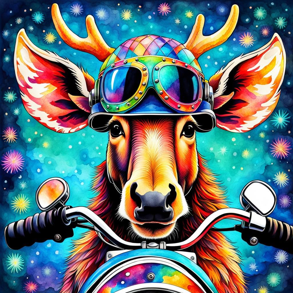 Cute Moose on Motorcycle in Watercolor Style