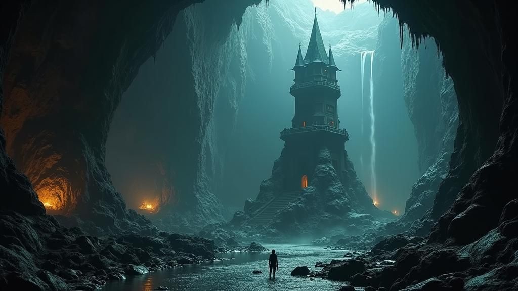 Majestic Dark Elf Tower in Dimly Lit Cavern