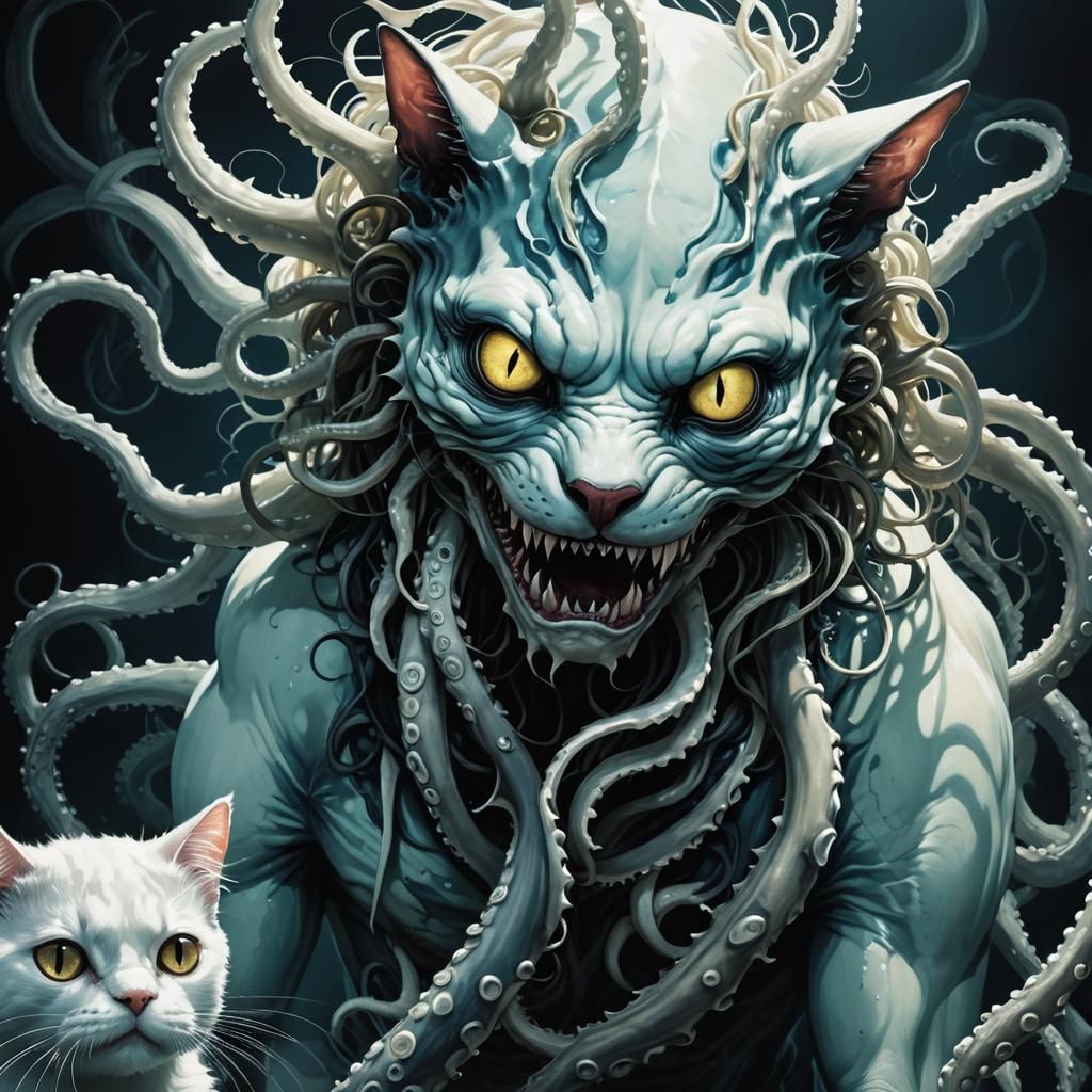 Bioluminescent Shark-Octopus-Kitty Creature in Dark Surreali...
