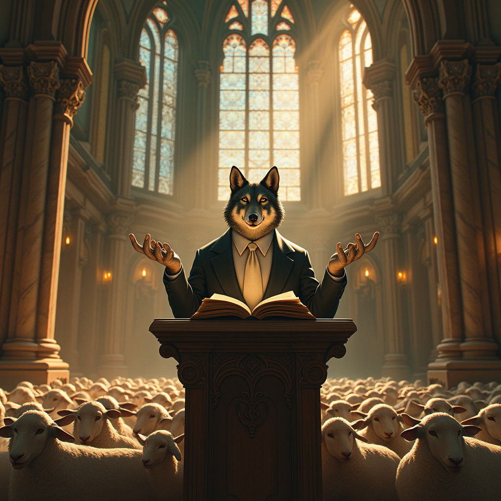 Wolf Preaching to Sheep in Gothic Church