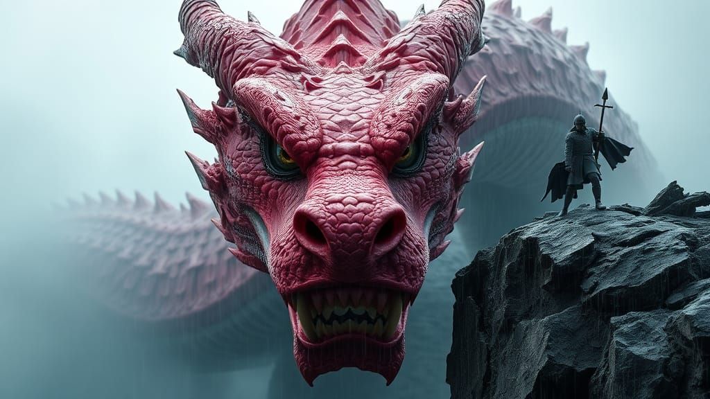 Fearsome Pink Dragon Confronts Knight: 3D Digital Art