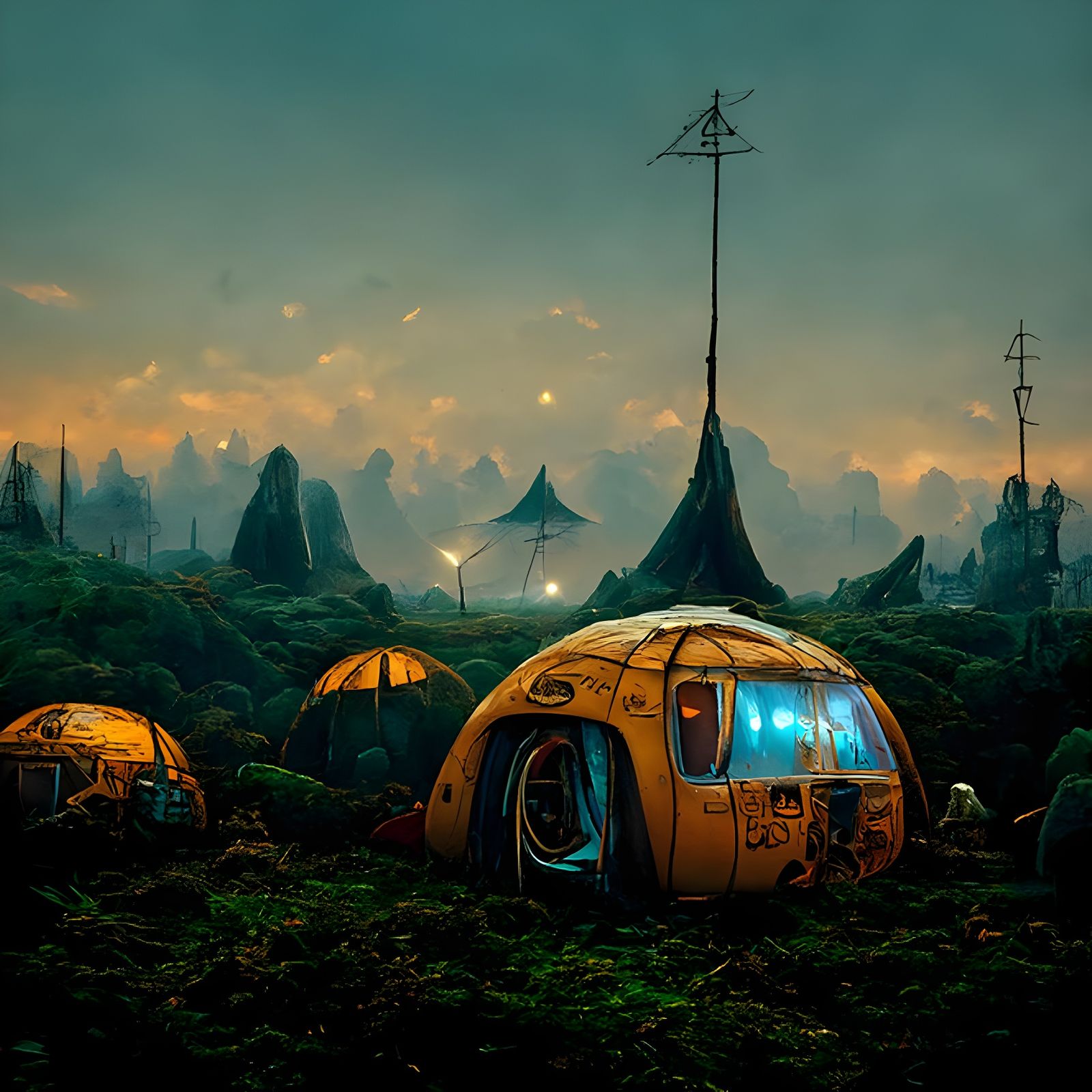 Cybernetic Campsite with Futuristic Pods