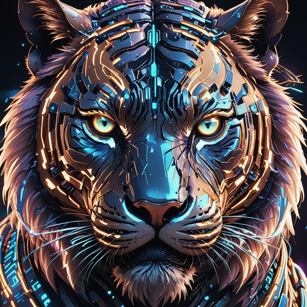 Cybernetic Tiger Head in Anime Style