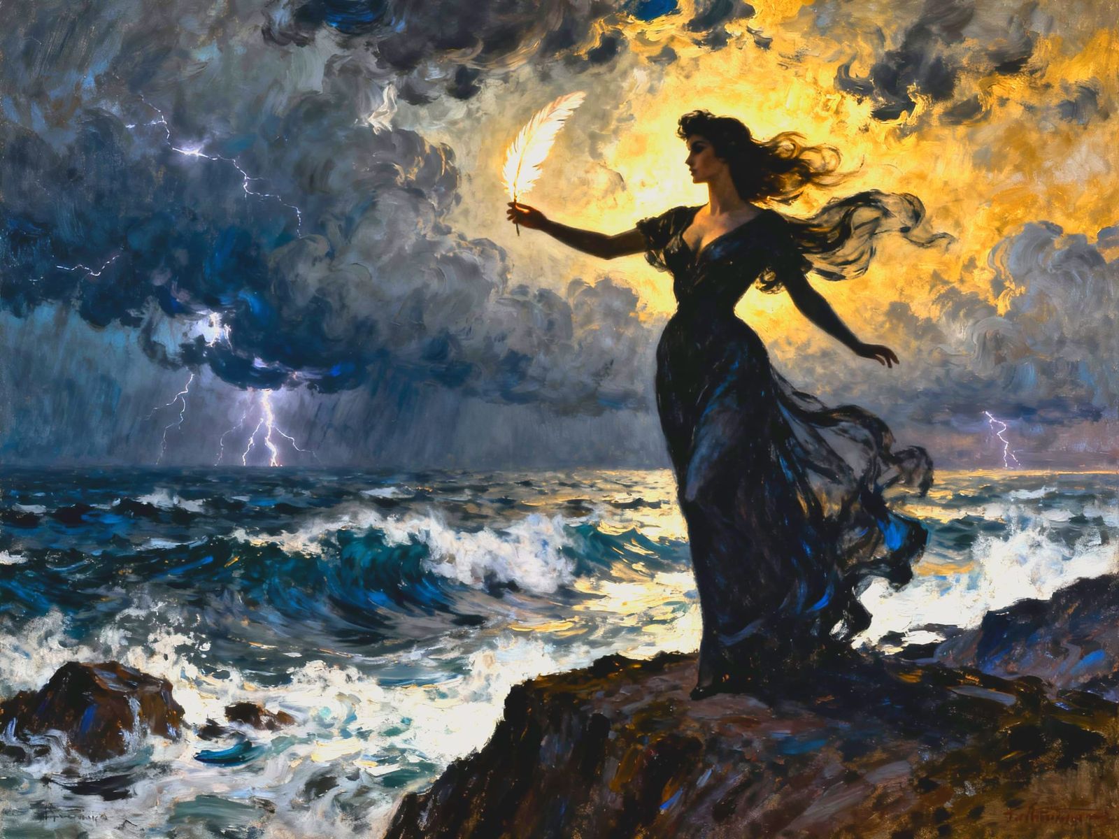 Dark Fantasy Woman with Glowing Feather on Stormy Cliff