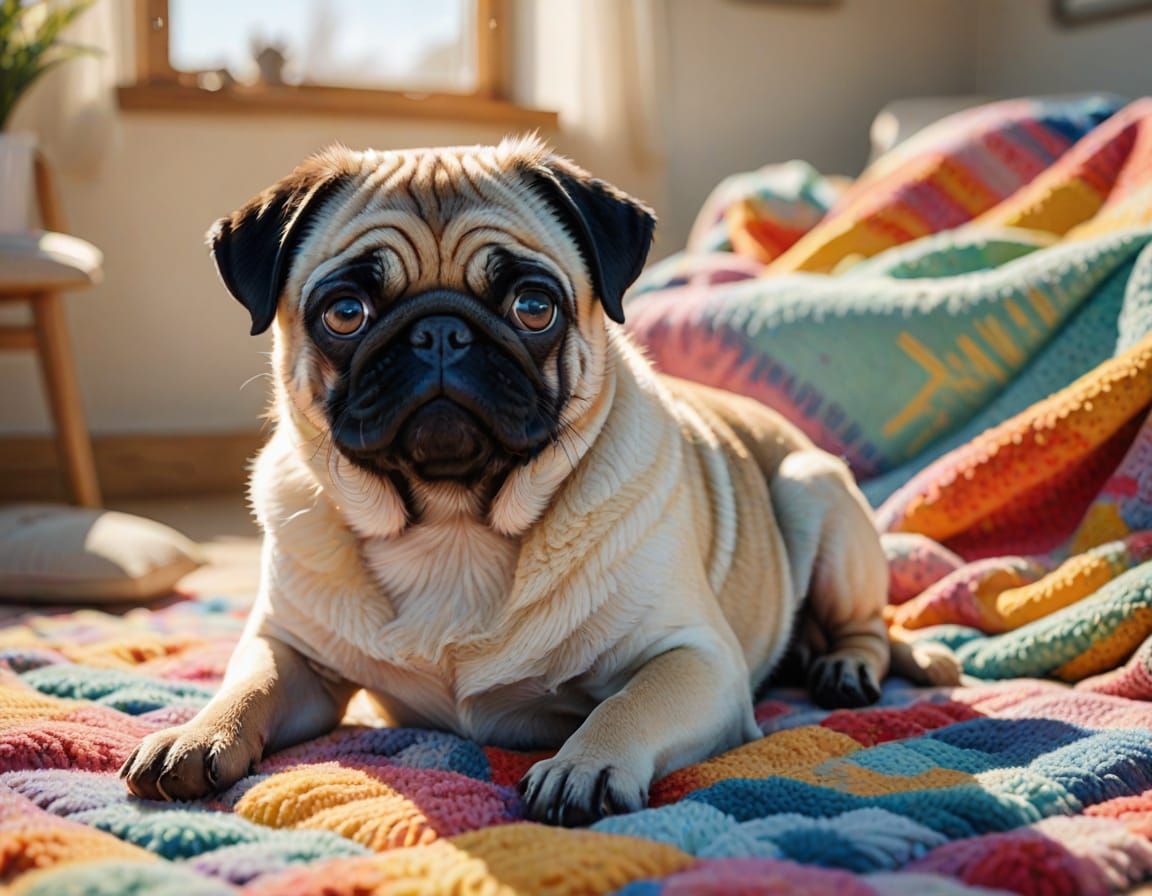 Vibrant Pug in Sunny Room, Exaggerated Brushstrokes