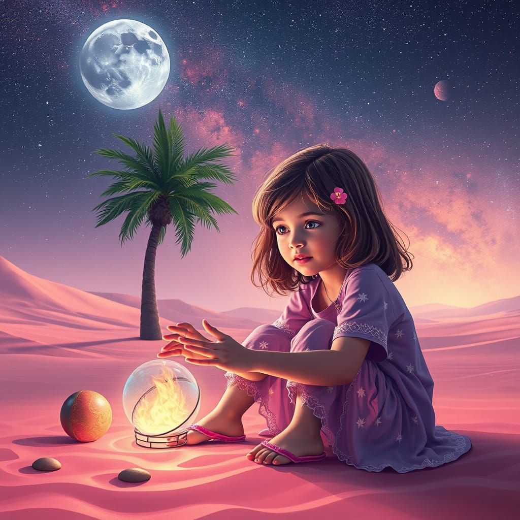 Surreal Desert Girl Plays Marbles Under Celestial Palm Tree