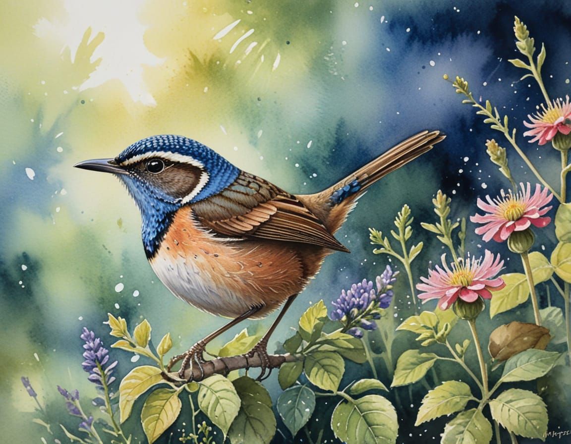 Whimsical Watercolour Wren in a Vibrant Sensory Garden