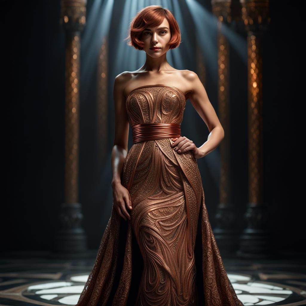 Copper Wire Woman in Ornate Gown: Hyperrealistic Art