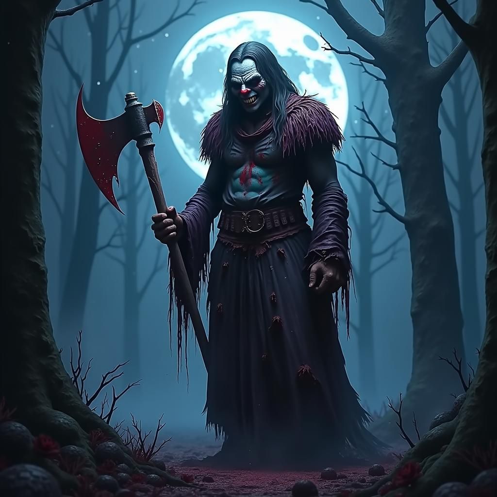 Menacing Clown in Moonlit Forest with Axe