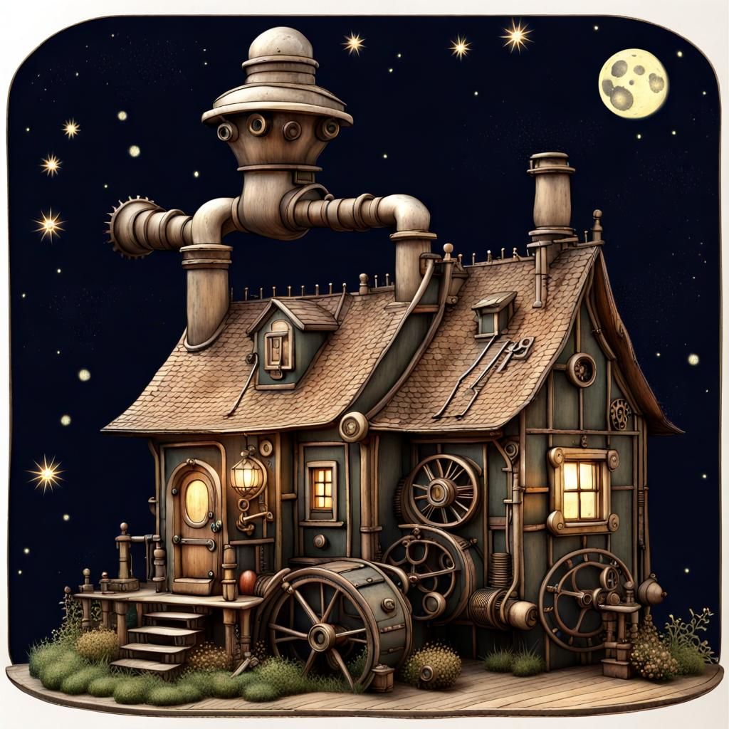 Steampunk Cottage Garden Under Moonlit Stars