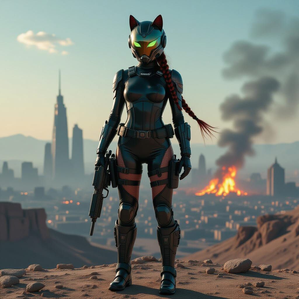 Futuristic Female Scout Overlooking Burning Alien Cityscape