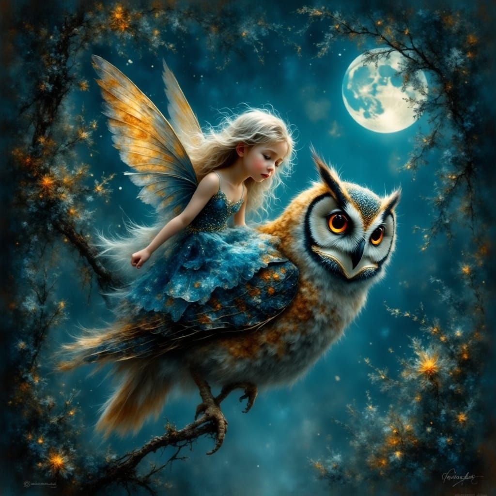 Fairy Rides Owl Through Starry Forest