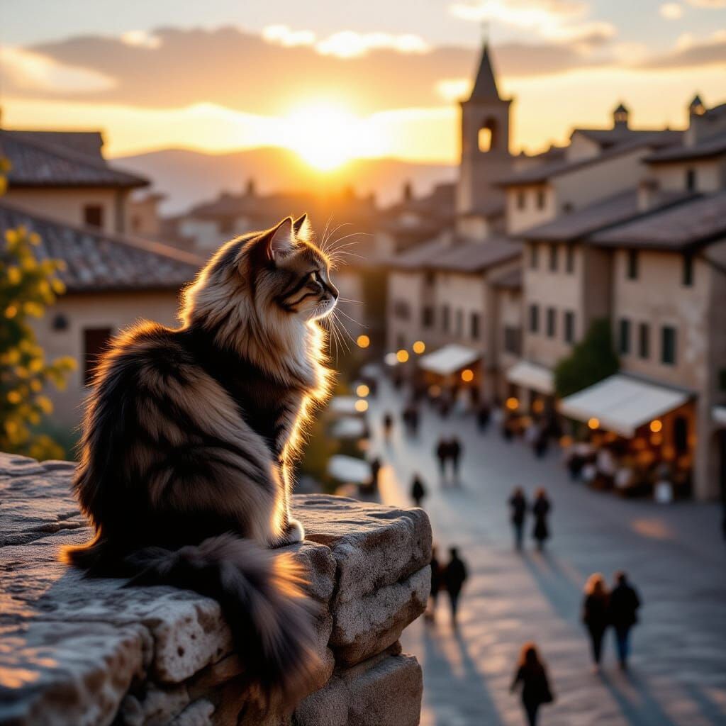 Elderly Cat on Wall Overlooking Medieval Town at Sunset