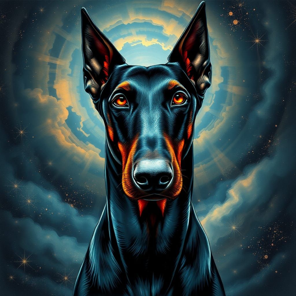 Doberman Pinscher in Cosmic Dreamscape, Mixed Media Art