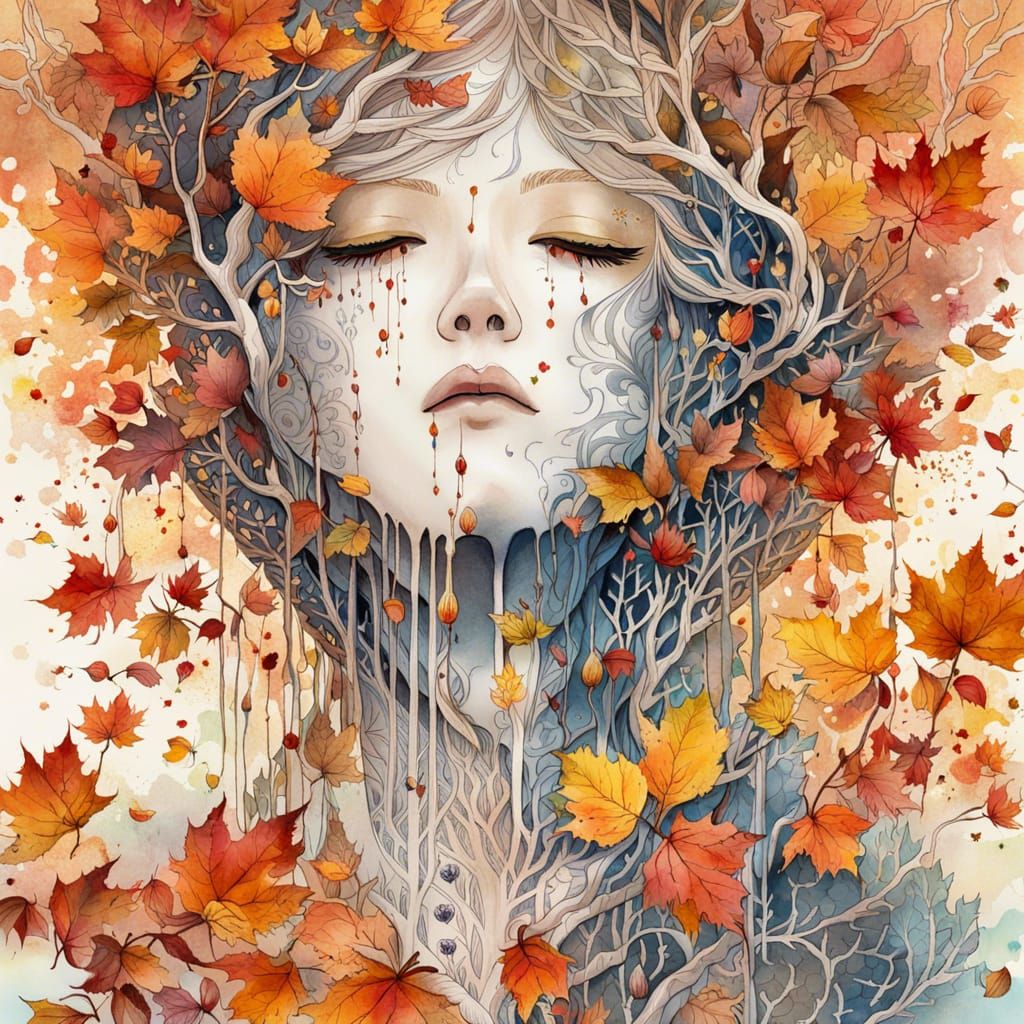 Crying Autumn Tree in Surrealist Watercolor Style