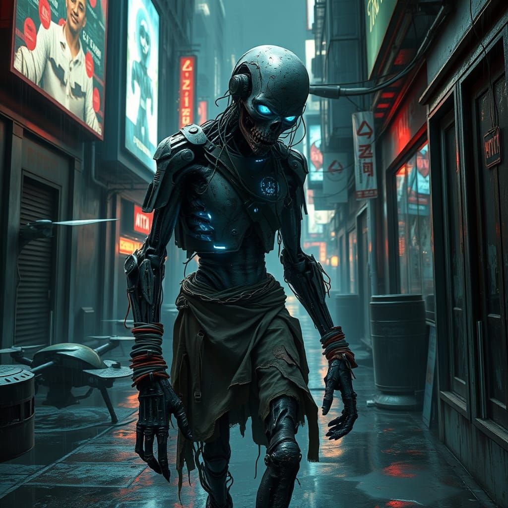 Cyberpunk Zombie in Dystopian Cityscape
