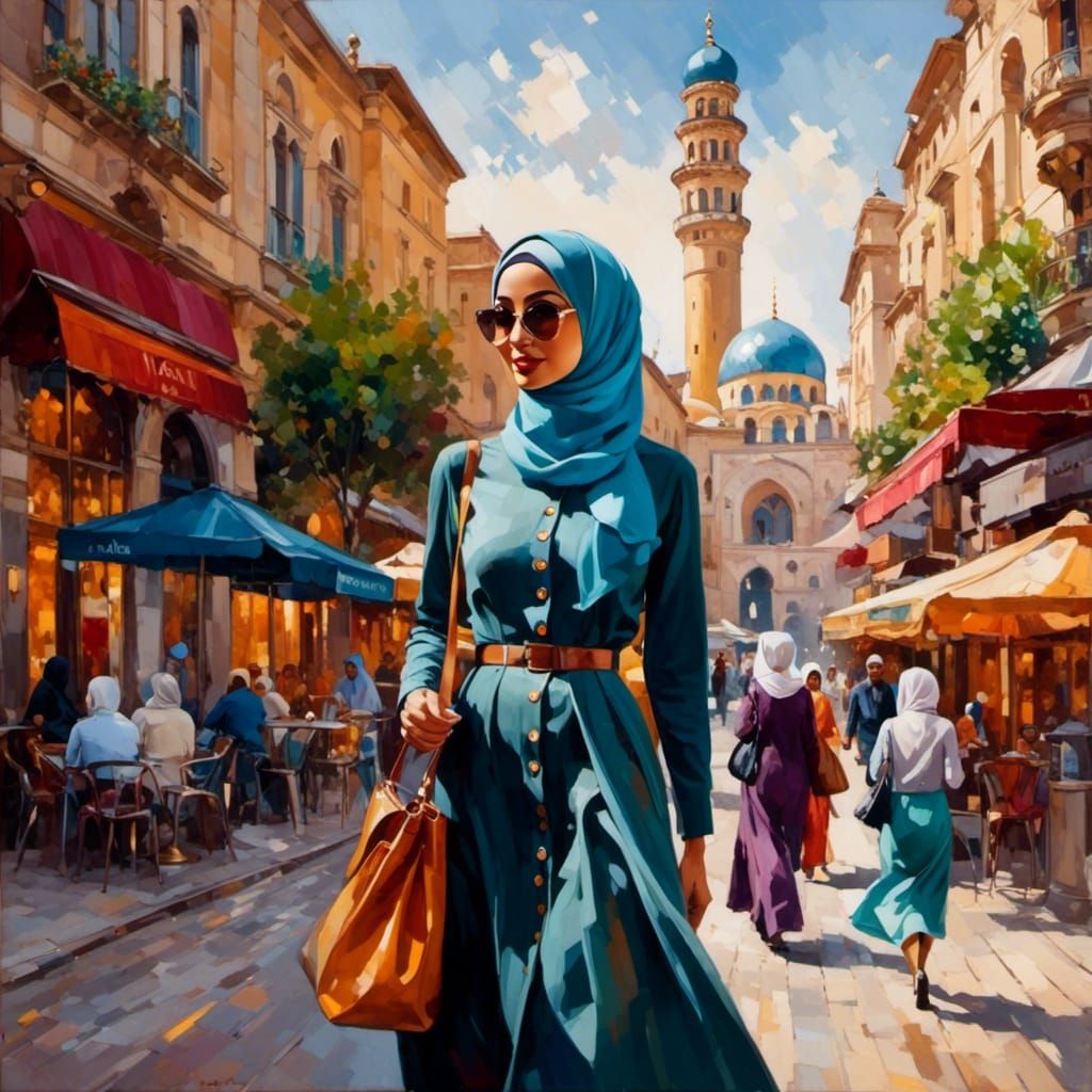 Confident Hijabi Woman in Western City with Facemask