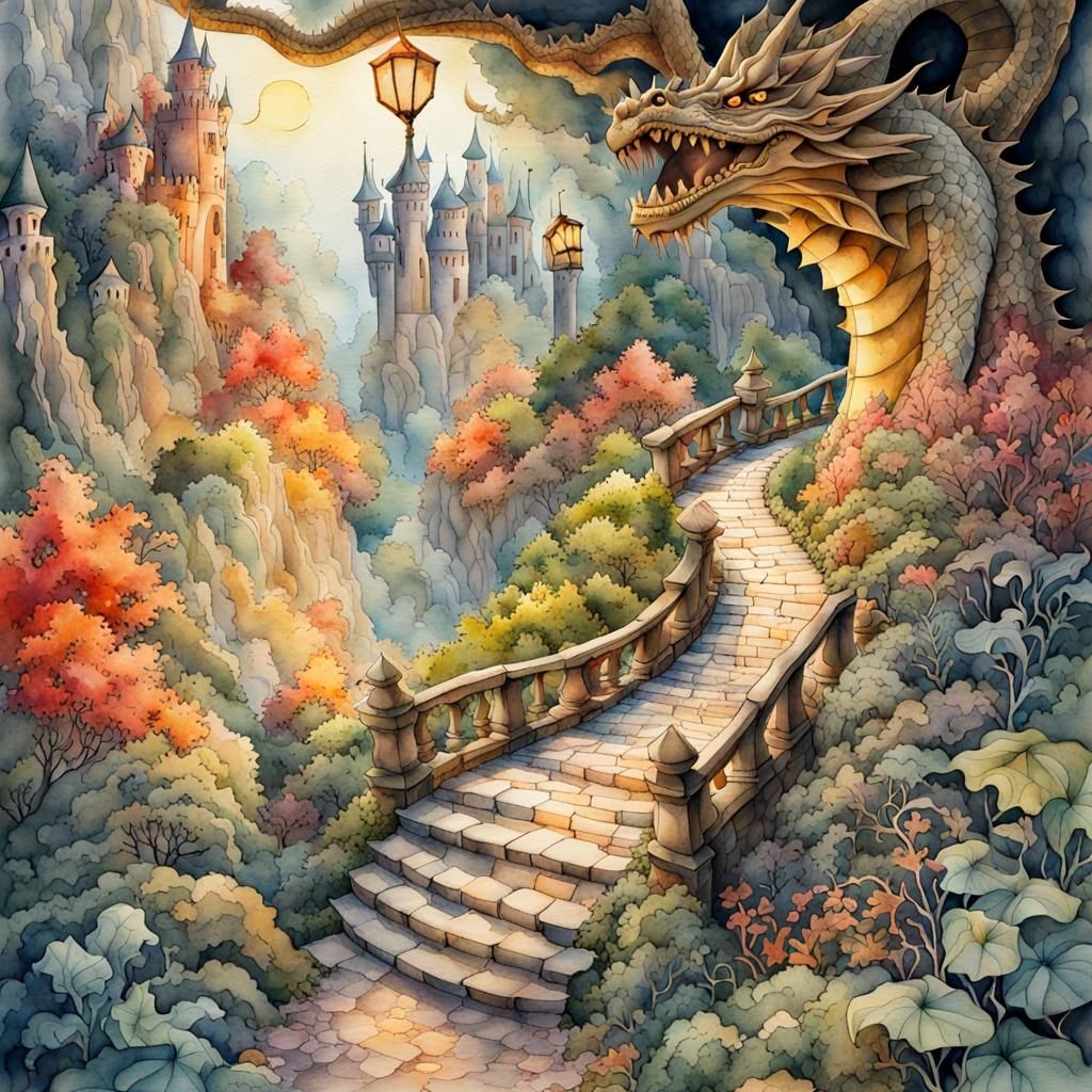 Watercolor Path to Dragon's Lair Illustration