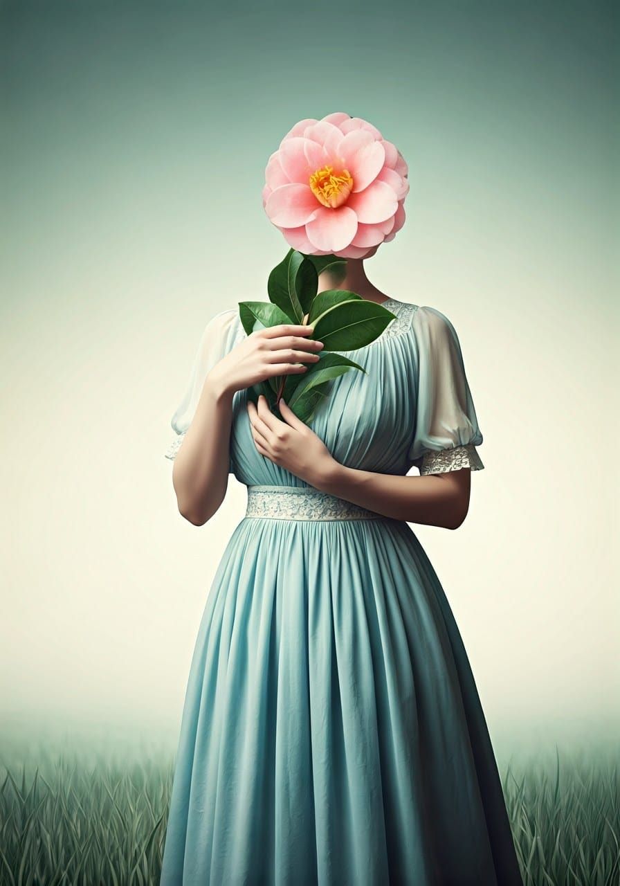 Woman in Light Blue Gown With Camellia Crown in Soft Landsca...