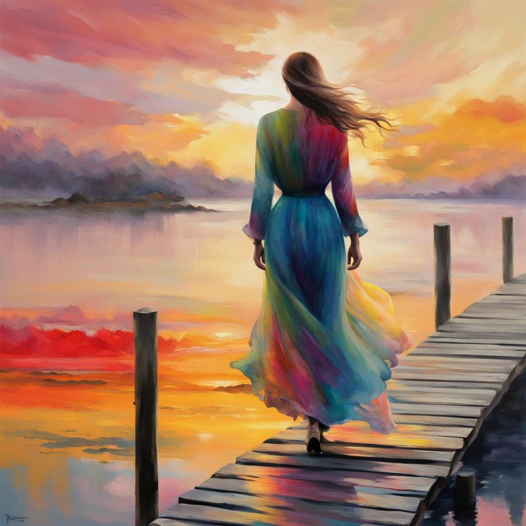 Woman on Pier at Sunrise in Painterly Style