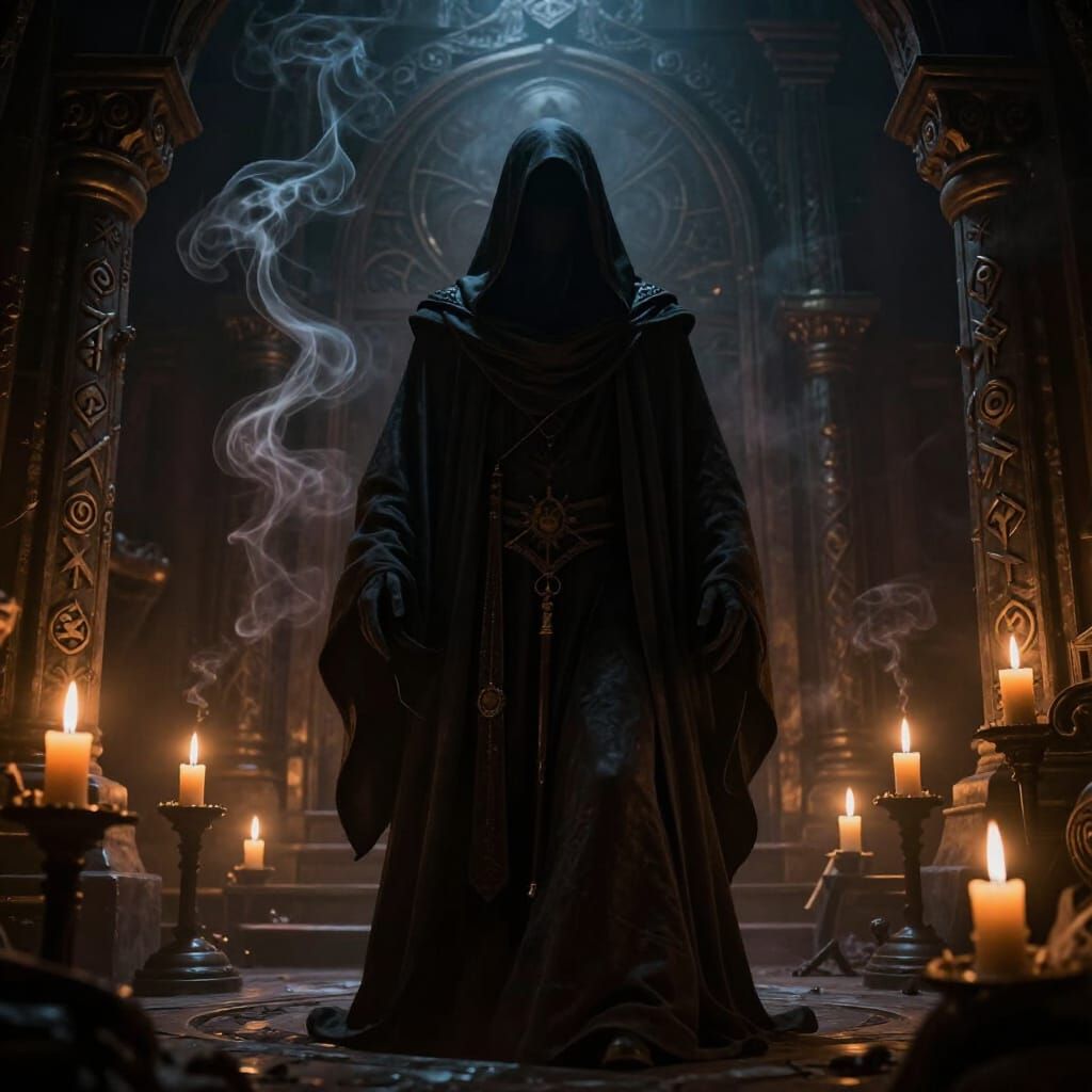Shadowy Cultist in Dimly Lit Chamber