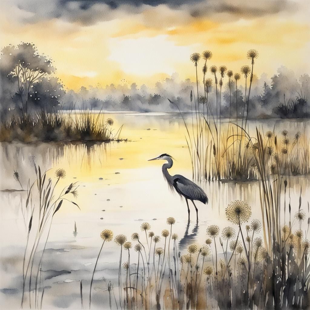 Dawn Lake Watercolour with Silhouetted Wildflowers