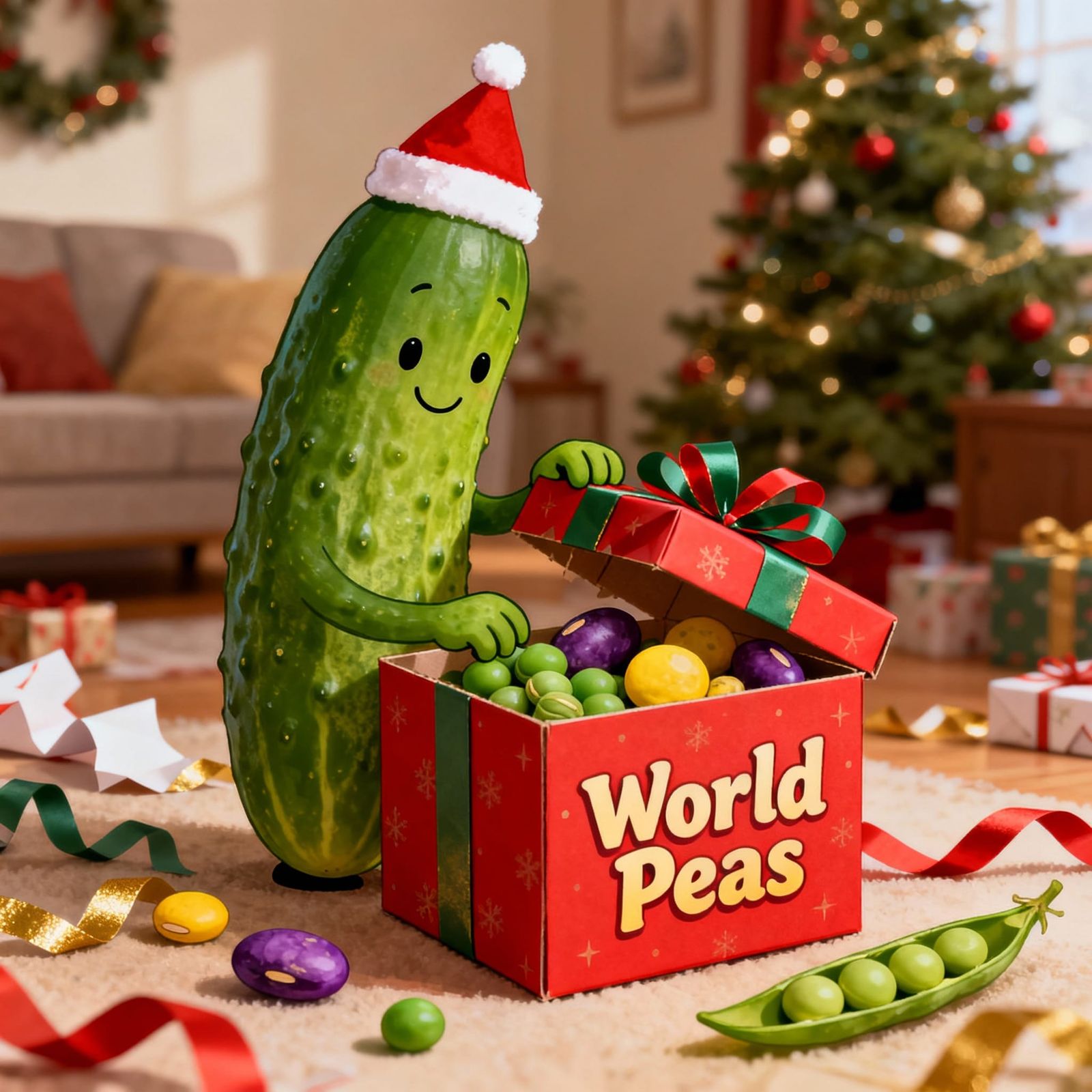 Anthropomorphic pickle opening a Christmas present with a box full of different peas from around the world. On the box i...