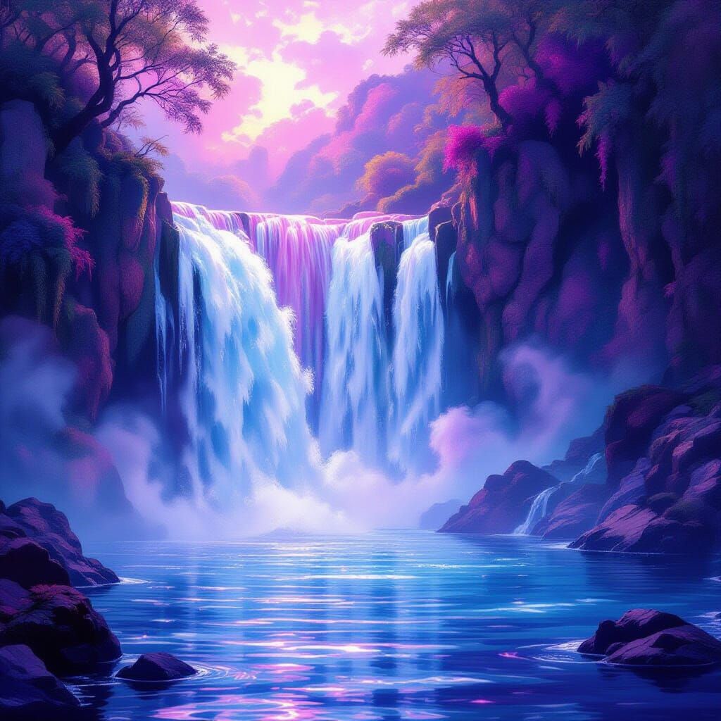 Pink and Violet Waterfall in Ethereal Light