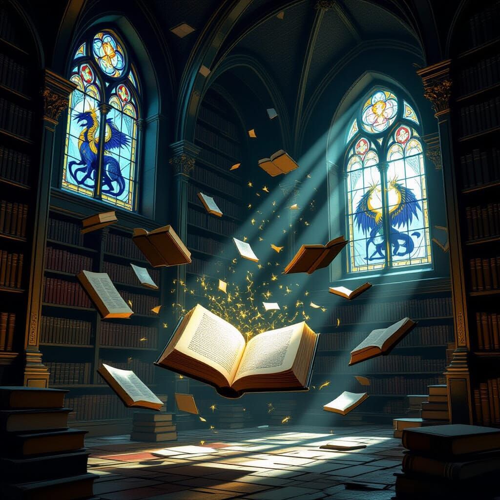Mystical Floating Library with Glowing Runes