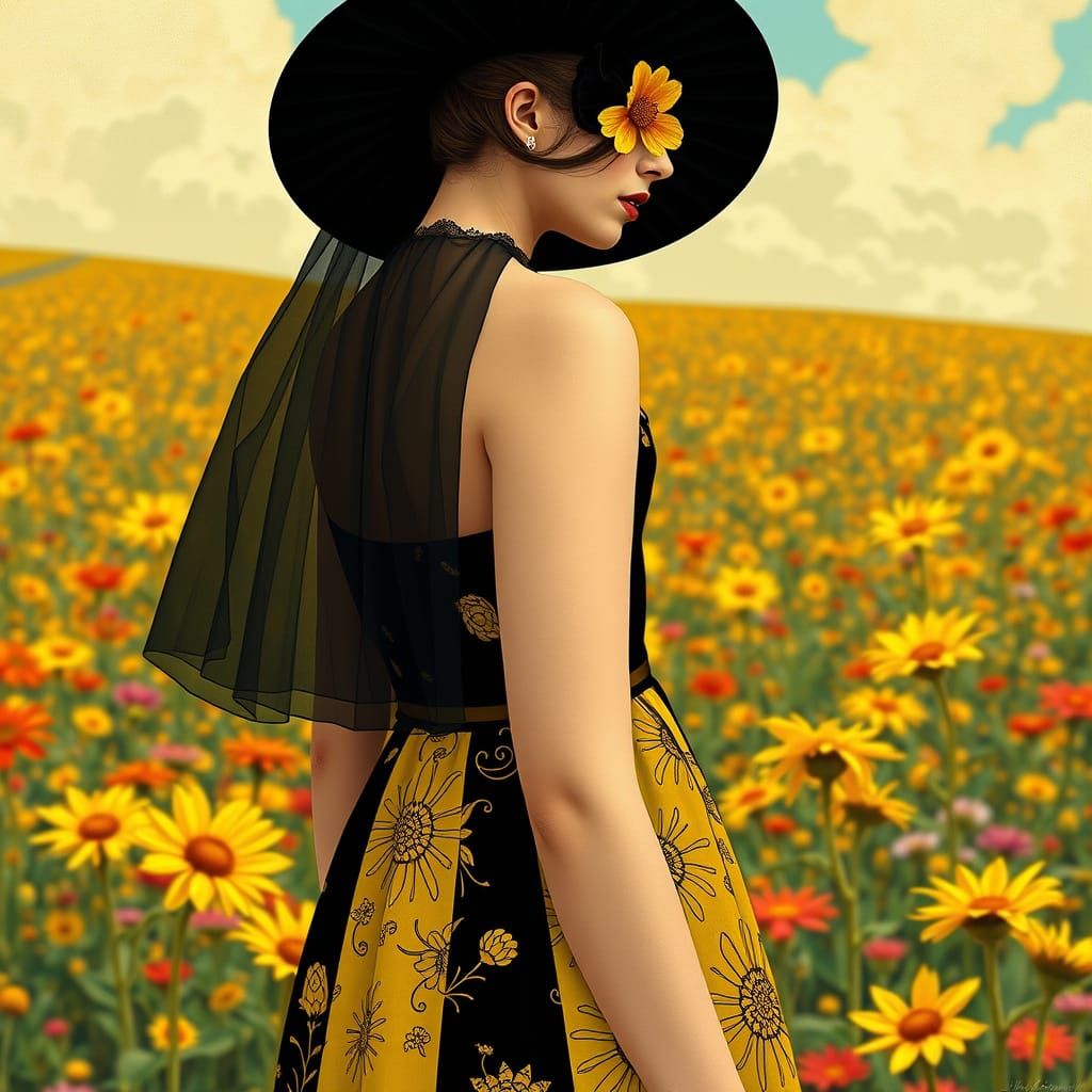 Woman in Floral Field, Art Nouveau Style