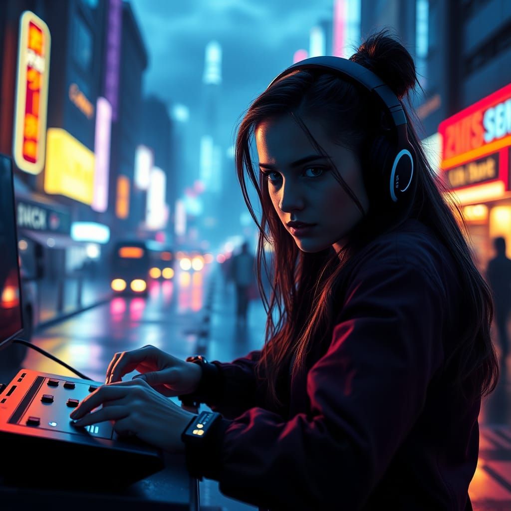 Gamer in Neon Cityscape, Cyberpunk Digital Art