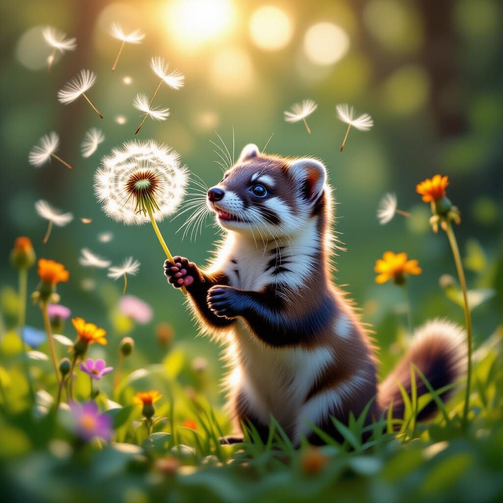 Playful Weasel Batting Dandelion Seeds in Sunlit Forest