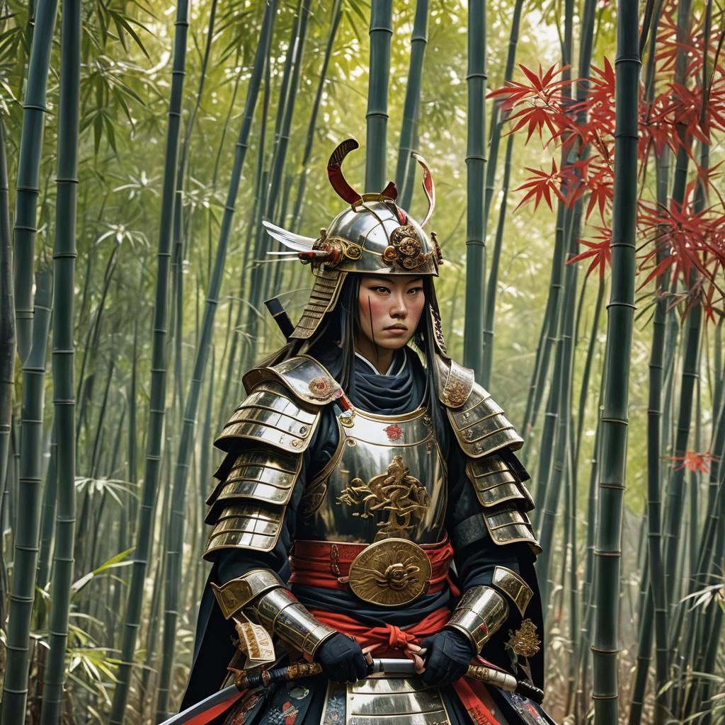 Female Samurai Warrior in Bamboo Forest
