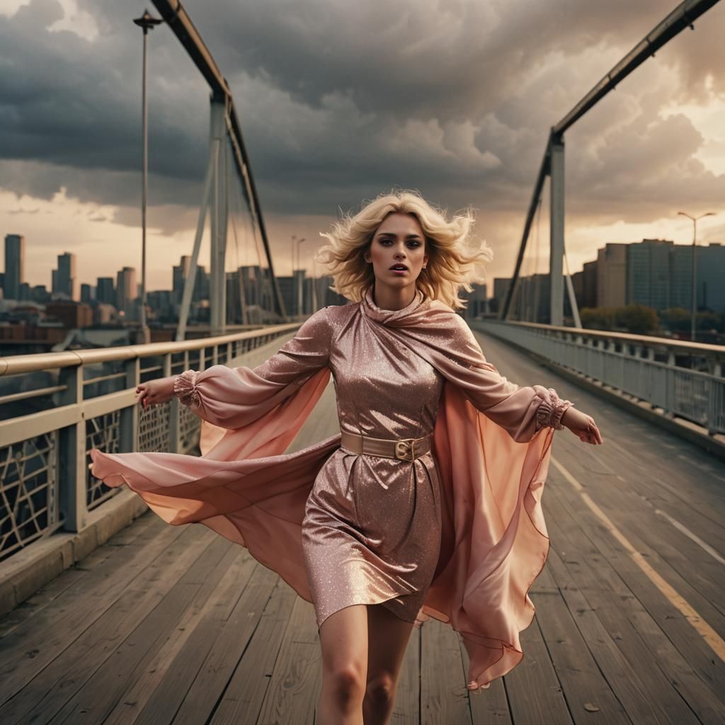 Dramatic Film Still of Crossdresser on Windy Bridge
