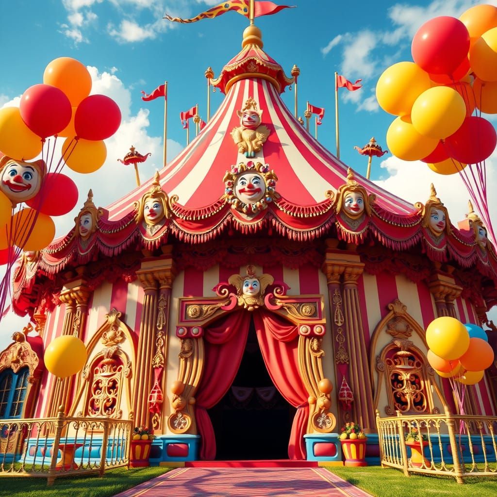 Whimsical Big Top with Colorful Clown Faces and Balloons