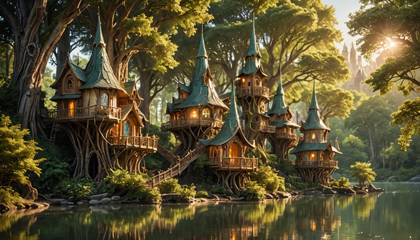 Intricate Elven Treehouses in Lush Forest, Golden Hour