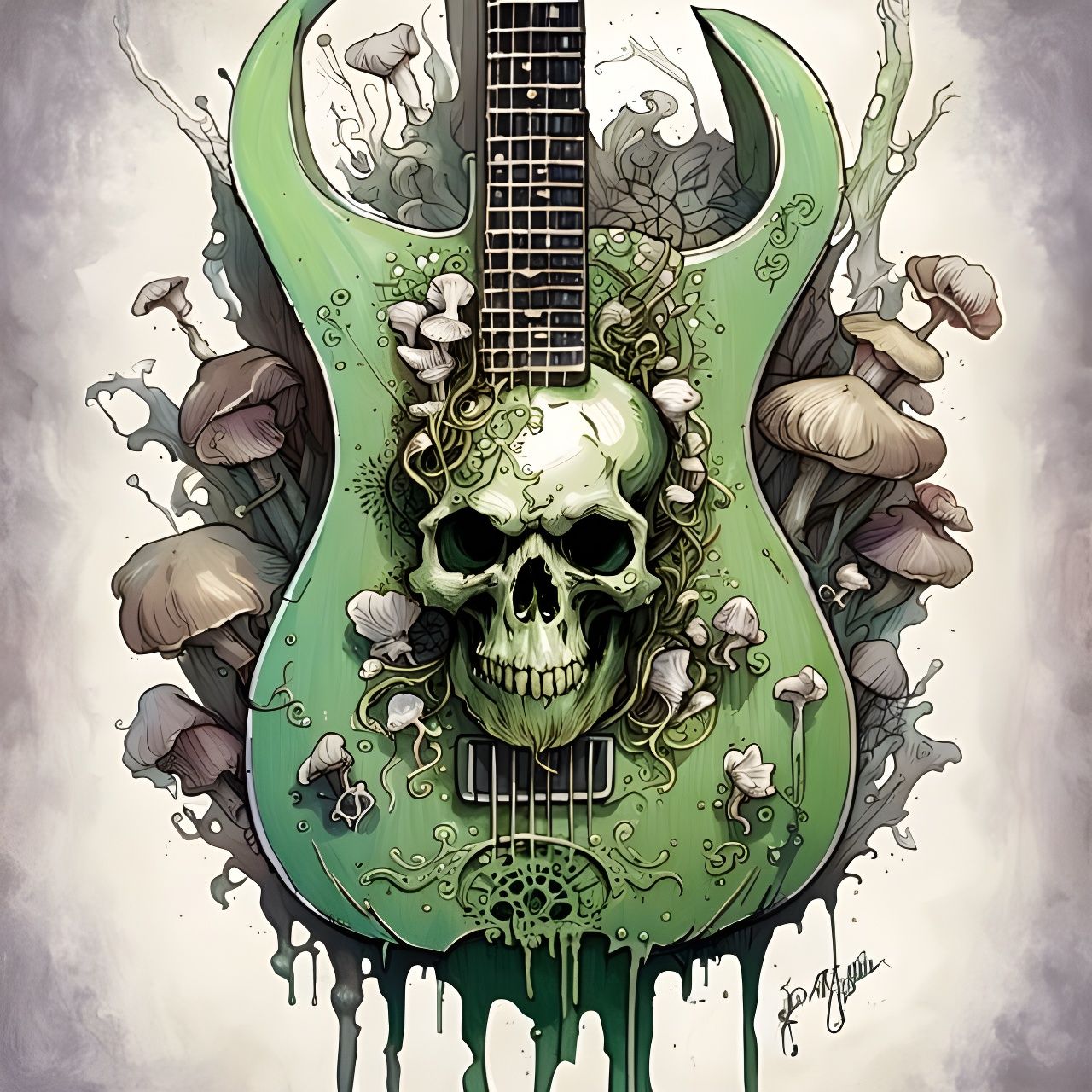 Biopunk Electric Green Skull Guitar Art