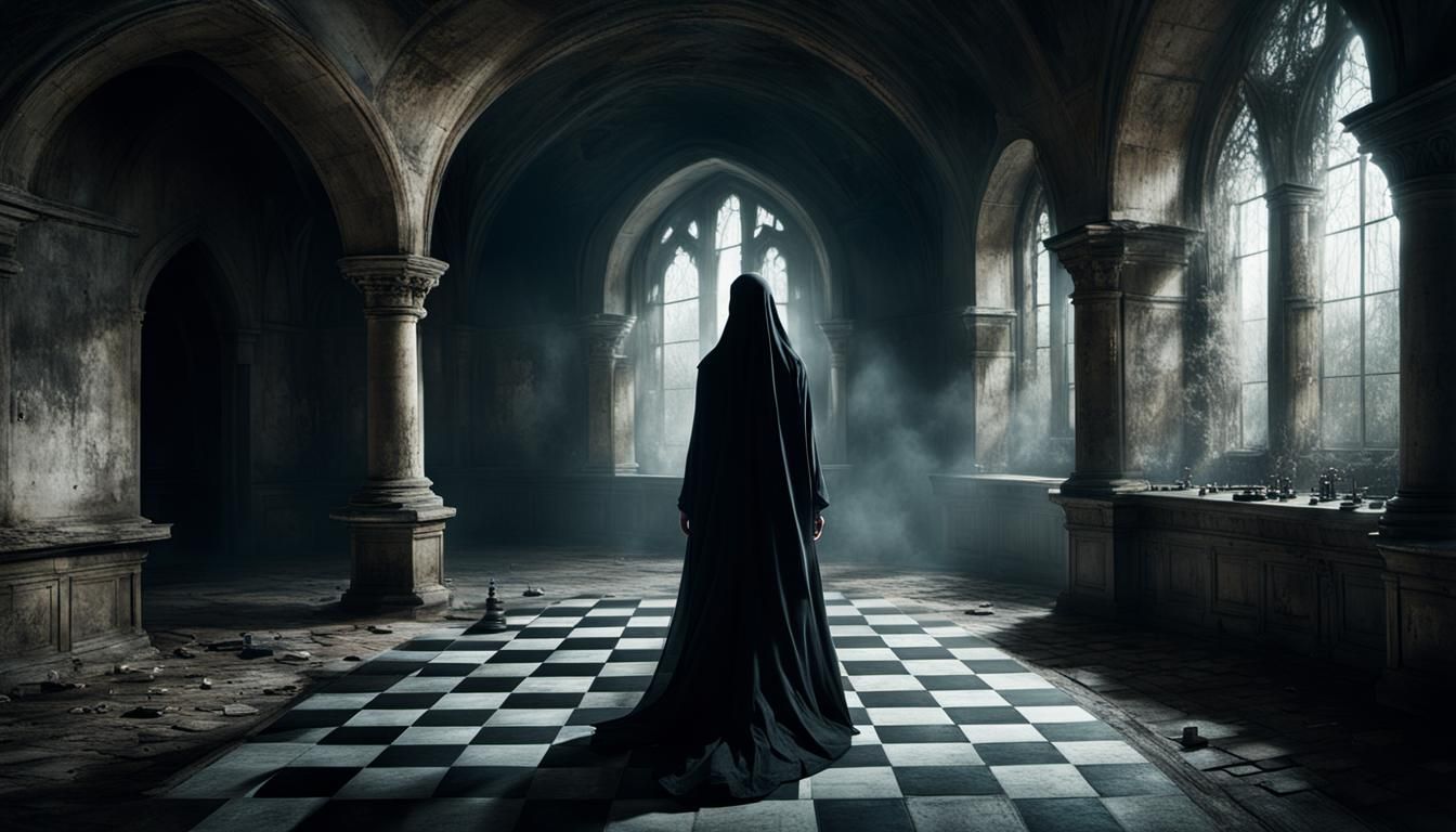 Veiled Woman on Chessboard in Abandoned Castle